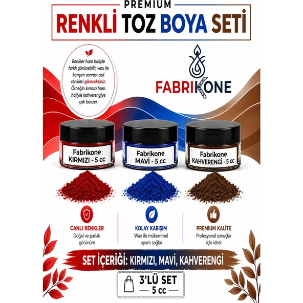 3'lü Set Premium Parafin Soya Wax Toz Mum Boyası Hobi Seti - 5 cc (Kırmızı, Mavi, Kahverengi) BKFAB3KMKH5G ürün görseli 1