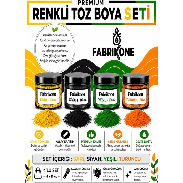 Toz Mum Boyası Seti 10 cc 4’lü – Soya & Parafin Wax Için – Sarı, Siyah, Yeşil, Turuncu BKFAB4SRSYT10G ürün görseli 1