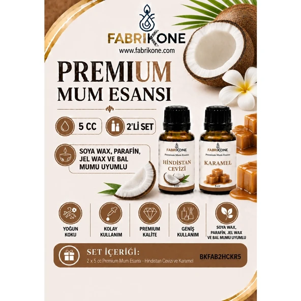 Premium Mum Esansı 5 cc 2'li Set - Hindistan Cevizi, Karamel - Soya Wax, Parafin, Jel Wax ve Bal Mumu Uyumlu BKFAB2HCKR5 ürün görseli 1