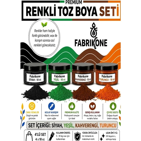 Toz Mum Boyası Seti 10 cc 4’lü – Soya & Parafin Wax Için – Siyah, Yeşil, Kahverengi, Turuncu BKFAB4SYKHT10G ürün görseli 1
