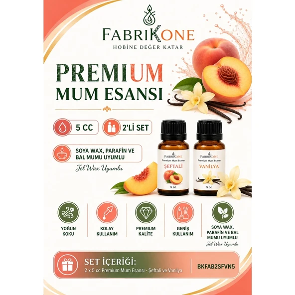 Premium Mum Esansı 5 cc 2'li Set - Şeftali, Vanilya - Soya Wax, Parafin, Jel Wax ve Bal Mumu Uyumlu BKFAB2SFVN5 ürün görseli 1