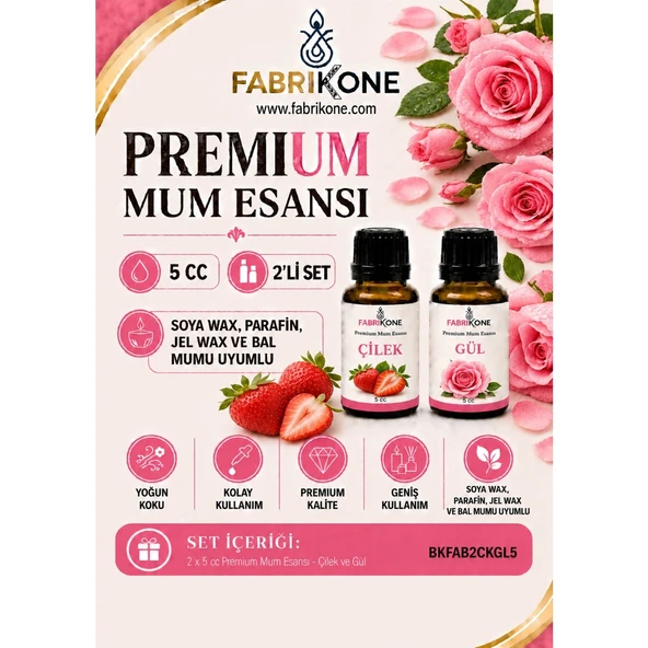 Premium Mum Esansı 5 cc 2'li Set - Çilek, Gül - Soya Wax, Parafin, Jel Wax ve Bal Mumu Uyumlu BKFAB2CKGL5 ürün görseli 1