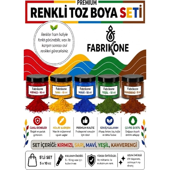 Toz Mum Boyası Seti 10 cc 5'li – Soya & Parafin Wax Için – Kırmızı, Sarı, Mavi, Yeşil, Kahverengi BKFAB5KSRMYKH10G ürün görseli 1