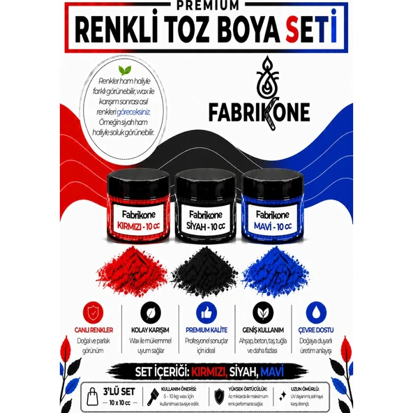 3'lü Set Premium Parafin Soya Wax Toz Mum Boyası Hobi Seti - 10 cc (Kırmızı, Siyah, Mavi) BKFAB3KSM10G ürün görseli 1