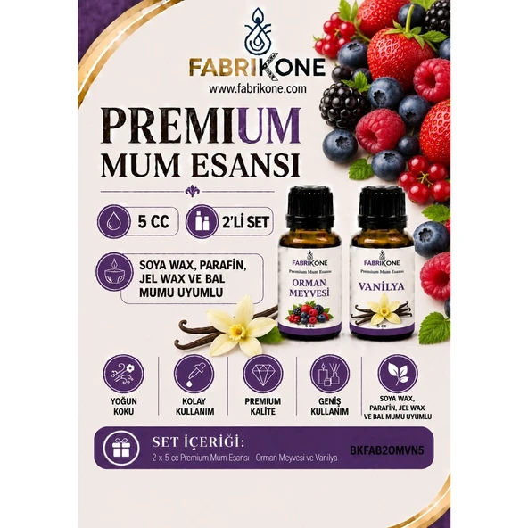 Premium Mum Esansı 5 cc 2'li Set - Orman Meyvesi, Vanilya - Soya Wax, Parafin, Jel Wax ve Bal Mumu Uyumlu BKFAB2OMVN5 ürün görseli 1