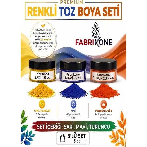 3'lü Set Premium Parafin Soya Wax Toz Mum Boyası Hobi Seti - 5 cc (Sarı, Mavi, Turuncu) BKFAB3SRMT5G ürün görseli 1