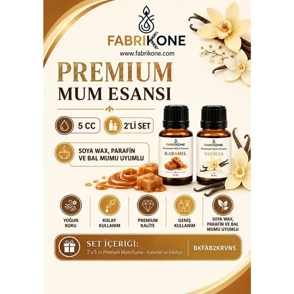 Premium Mum Esansı 5 cc 2'li Set - Karamel, Vanilya - Soya Wax, Parafin, Jel Wax ve Bal Mumu Uyumlu BKFAB2KRVN5 ürün görseli 1