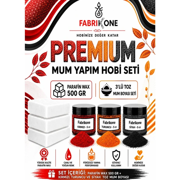Premium Mum Yapım Hobi Seti - Parafin Wax 500 gr - 3'lü Toz Mum Boyası Seti - Kırmızı, Turuncu, Siyah BKFABPW5003KTS ürün görseli 1