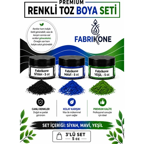 3'lü Set Premium Parafin Soya Wax Toz Mum Boyası Hobi Seti - 5 cc (Siyah, Mavi, Yeşil) BKFAB3SMY5G ürün görseli 1