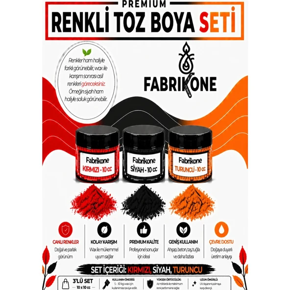 3'lü Set Premium Parafin Soya Wax Toz Mum Boyası Hobi Seti - 10 cc (Kırmızı, Siyah, Turuncu) BKFAB3KST10G ürün görseli 1