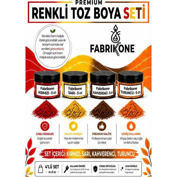 4'lü Set Premium Parafin Soya Wax Toz Mum Boyası Hobi Seti - 5 cc (Kırmızı, Sarı, Kahverengi, Turuncu) BKFAB4KSRKHT5G ürün görseli 1