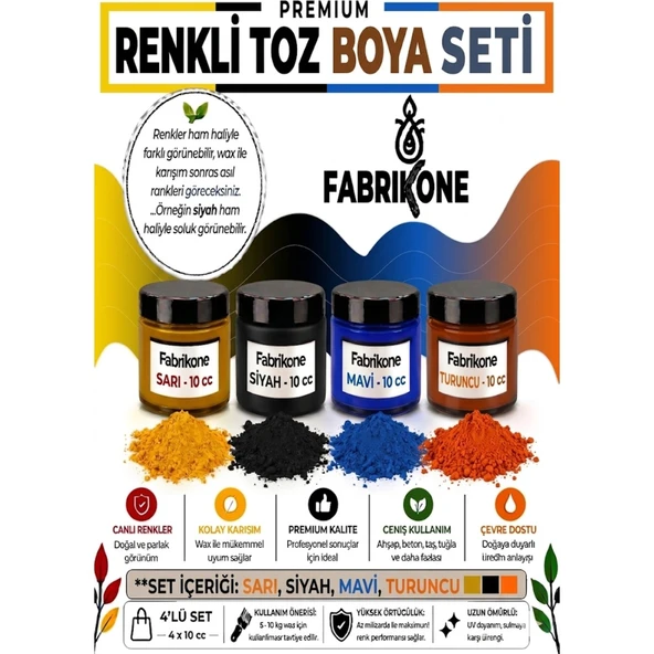 Toz Mum Boyası Seti 10 cc 4’lü – Soya & Parafin Wax Için – Sarı, Siyah, Mavi, Turuncu BKFAB4SRSMT10G ürün görseli 1