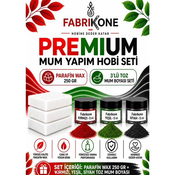 Premium Mum Yapım Hobi Seti - Parafin Wax 250 gr - 3'lü Toz Mum Boyası Seti - Kırmızı, Yeşil, Siyah BKFABPW2503KYS ürün görseli 1