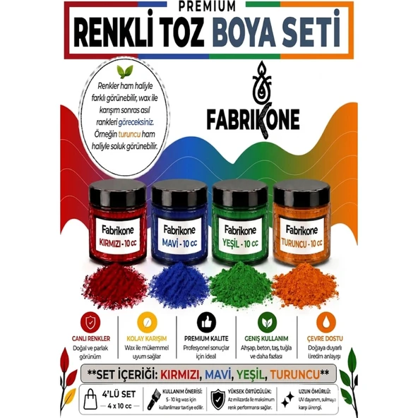 Toz Mum Boyası Seti 10 cc 4’lü – Soya & Parafin Wax Için – Kırmızı, Mavi, Yeşil, Turuncu BKFAB4KMYT10G ürün görseli 1