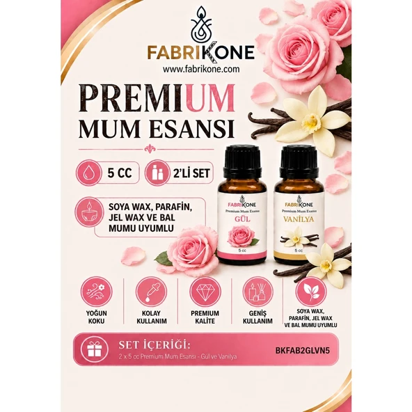 Premium Mum Esansı 5 cc 2'li Set - Gül, Vanilya - Soya Wax, Parafin, Jel Wax ve Bal Mumu Uyumlu BKFAB2GLVN5 ürün görseli 1