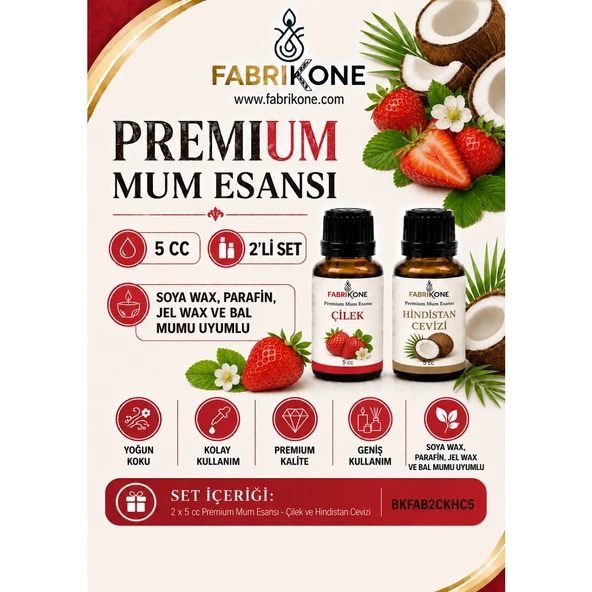 Premium Mum Esansı 5 cc 2'li Set - Çilek, Hindistan Cevizi - Soya Wax, Parafin, Jel Wax ve Bal Mumu Uyumlu BKFAB2CKHC5 ürün görseli 1