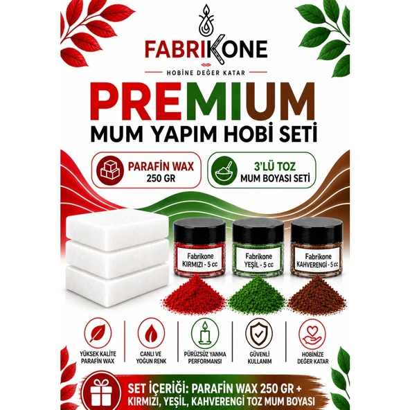 Premium Mum Yapım Hobi Seti - Parafin Wax 250 gr - 3'lü Toz Mum Boyası Seti - Kırmızı, Yeşil, Kahverengi BKFABPW2503KYKH ürün görseli 1