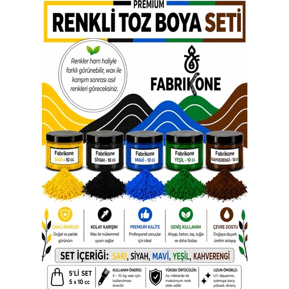 Toz Mum Boyası Seti 10 cc 5'li – Soya & Parafin Wax Için – Sarı, Siyah, Mavi, Yeşil, Kahverengi BKFAB5SRSMYKH10G ürün görseli 1