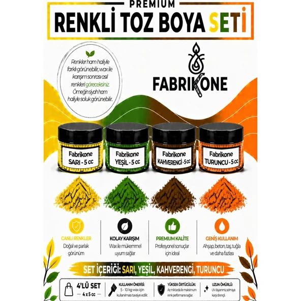 4'lü Set Premium Parafin Soya Wax Toz Mum Boyası Hobi Seti - 5 cc (Sarı, Yeşil, Kahverengi, Turuncu) BKFAB4SRYKHT5G ürün görseli 1