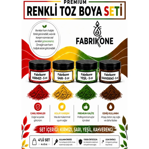 4'lü Set Premium Parafin Soya Wax Toz Mum Boyası Hobi Seti - 5 cc (Kırmızı, Sarı, Yeşil, Kahverengi) BKFAB4KSRYKH5G ürün görseli 1