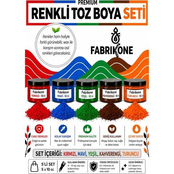 Toz Mum Boyası Seti 10 cc 5'li – Soya & Parafin Wax Için – Kırmızı, Mavi, Yeşil, Kahverengi, Turuncu BKFAB5KMYKHT10G ürün görseli 1