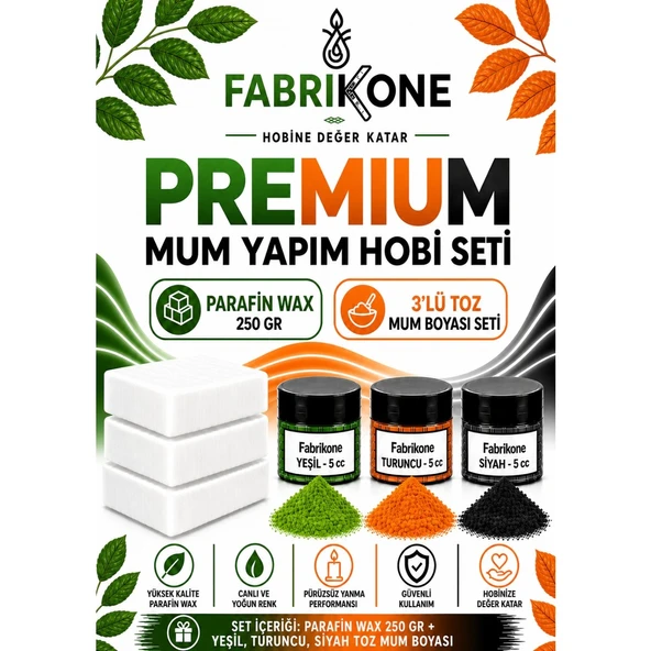 Premium Mum Yapım Hobi Seti - Parafin Wax 250 gr - 3'lü Toz Mum Boyası Seti - Yeşil, Turuncu, Siyah BKFABPW2503YTS ürün görseli 1