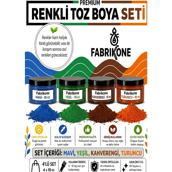 Toz Mum Boyası Seti 10 cc 4’lü – Soya & Parafin Wax Için – Mavi, Yeşil, Kahverengi, Turuncu BKFAB4MYKHT10G ürün görseli 1