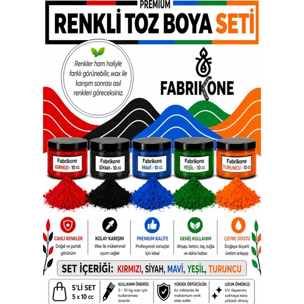 Toz Mum Boyası Seti 10 cc 5'li – Soya & Parafin Wax Için – Kırmızı, Siyah, Mavi, Yeşil, Turuncu BKFAB5KSMYT10G ürün görseli 1
