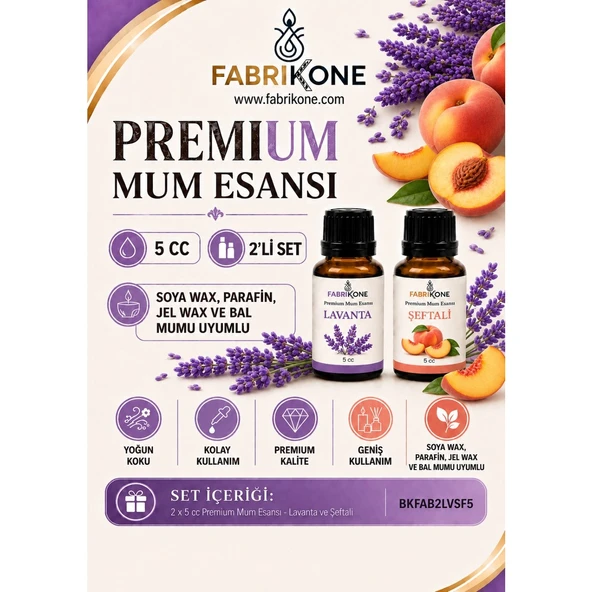 Premium Mum Esansı 5 cc 2'li Set - Lavanta, Şeftali - Soya Wax, Parafin, Jel Wax ve Bal Mumu Uyumlu BKFAB2LVSF5 ürün görseli 1