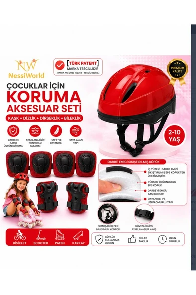 Çocuk Kaskı Ve Dizlik, Dirseklik Eldiven Set KIRMIZ/KIRMIZISİYAH ürün görseli 1