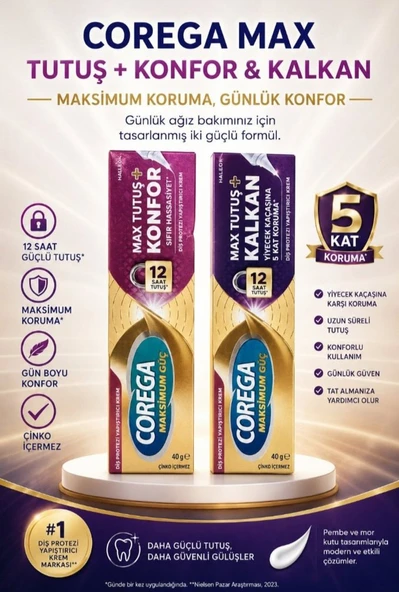 Corega Max Tutuş + Konfor & Kalkan Diş protez yapıştırıx 40 GR krem ürün görseli 1