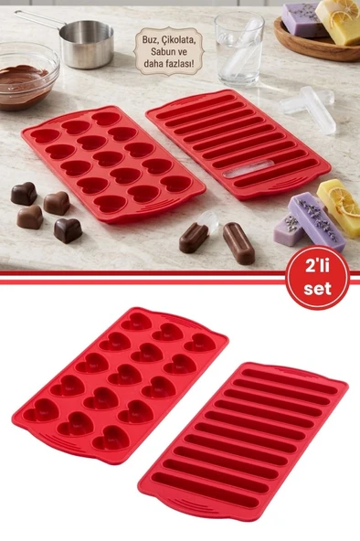 2’li Silikon Kalp ve Çubuk Kalıbı Seti, Kalp + Çubuk Buz Çikolata Sabun Silikon Kalıbı Seti BPA Free ürün görseli 1
