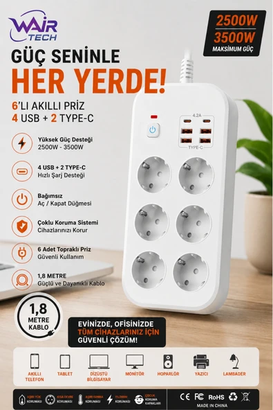 6'lı Topraklı Grup Priz 4 USB 2 Type-C Hızlı Şarj 1.8 Metre Kablo Aşırı Yük Korumalı ürün görseli 1