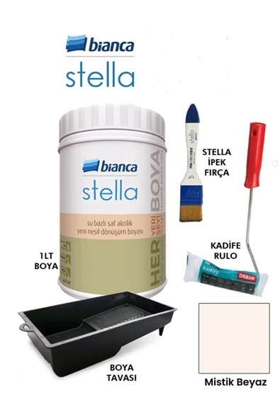 Bianca  Stella Boya 4 Parçalı Set (1Lt Boya -Boya Tavası-Stella İpek Fırça-Kadife Rulo) Mistik Beyaz Mistik Beyaz ürün görseli 1