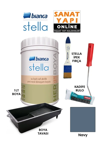 Bianca Stella Boya 4 Parçalı Set ( 1Lt Boya - Boya Tavası- Stella İpek Fırça - Kadife Rulo ) Navy ürün görseli 1