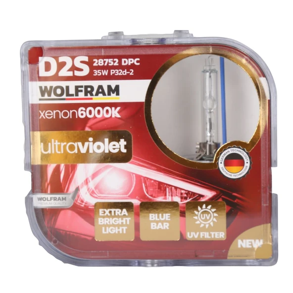 D2S Xenon Ampul 6000K Ultraviolet Mavi Cam 12V 35W - WOLFRAM 28752DPC ürün görseli 1