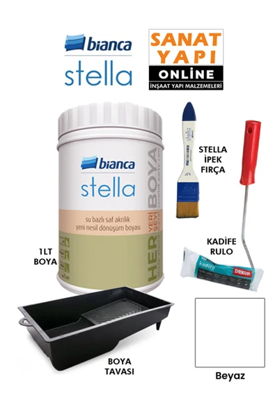 Bianca Stella Boya 4 Parçalı Set ( 1Lt Boya - Boya Tavası- Stella İpek Fırça - Kadife Rulo ) Beyaz ürün görseli 1