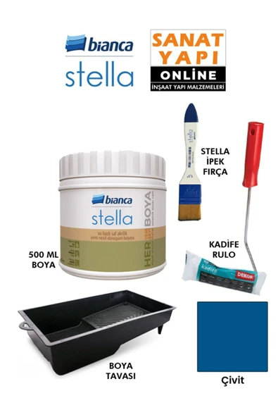 Bianca Stella Boya 4 Parçalı Set ( 500 Ml Boya - Boya Tavası- Stella İpek Fırça - Kadife Rulo ) Çivit ürün görseli 1