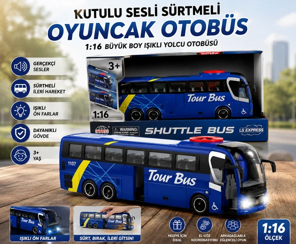 Kutulu Sesli Sürtmeli Oyuncak Otobüs 1:16 Büyük Boy Işıklı Yolcu Otobüsü ürün görseli 1