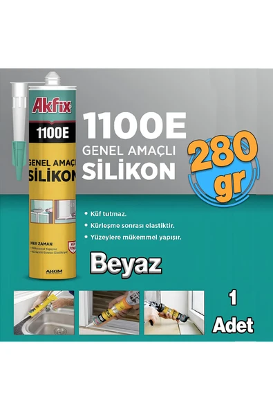 Akfix Beyaz Genel Amaçlı Silikon Yapıştırma Sızıntı Önleyici Dolgu Silikonu Akfix 1100E 280 gr 1 Adet ürün görseli 1