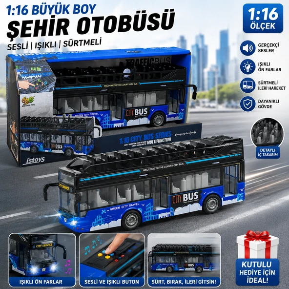 Büyük Boy 1:16 Ölçek Şehir Otobüsü Sesli Işıklı Sürtmeli Oyuncak City Bus ürün görseli 1