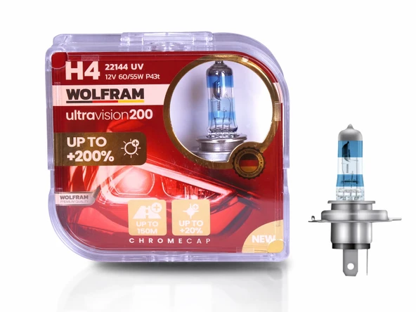 H4 Ampul Ultra Vision +%200 Fazla +%20 Beyaz Işık 12V 60/55W - WOLFRAM 22144 UV ürün görseli 1
