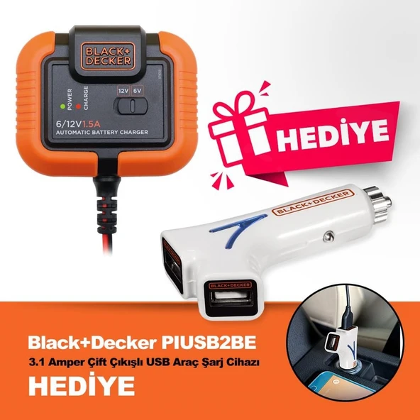 BLACK+DECKER BXA21USB 6V/12V 72A Akıllı Akü Şarj ve Akü Bakım Cihazı + PIUSB2BE 3.1 Amper Çift Çıkışlı USB Araç Şarj Cihazı ürün görseli 1