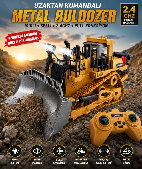 Uzaktan Kumandalı Metal Buldozer  Işıklı Sesli 2.4GHz Full Fonksiyon Profesyonel İş Makinesi ürün görseli 1