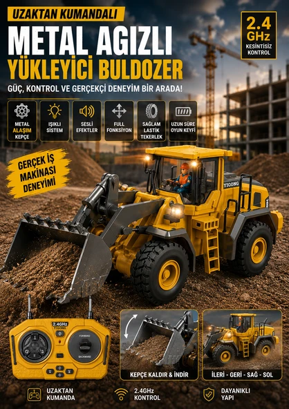 Uzaktan Kumandalı Metal Ağızlı Yükleyici Buldozer Işıklı Sesli 2.4GHz Full Fonksiyon İş Makinesi ürün görseli 1