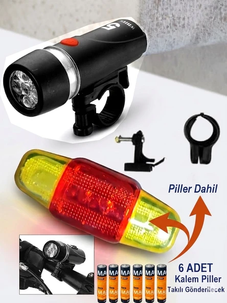 6 Adet Pil Dahil Bisiklet Lambası Ve Stop Lambası Takımı Ön Arka 5 Led Ön Far 5 Led Arka Stop Lambası ürün görseli 1