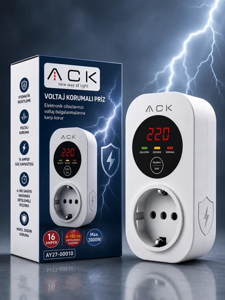 Ack AY27-00010 Akım-Gerilim Korumalı Prizi Tekli  Beyaz 15A 140-275V 3000W ( Regülatör) ürün görseli 1