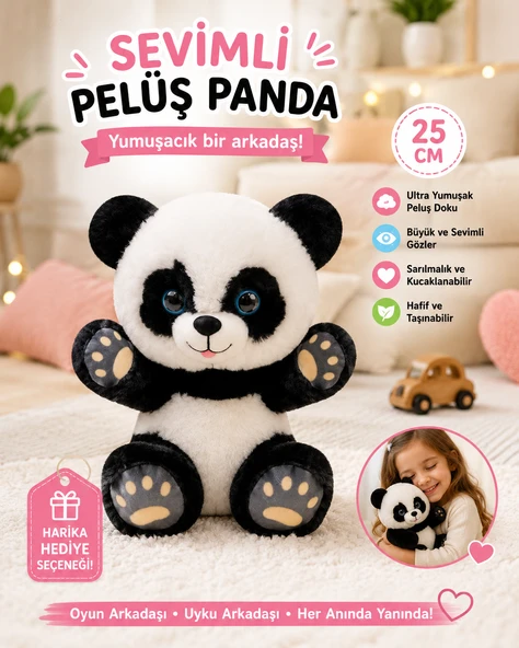 Sevimli Peluş Panda 25 CM Yumuşacık Dokulu Büyük Gözlü Sarılmalık Oyuncak ürün görseli 1