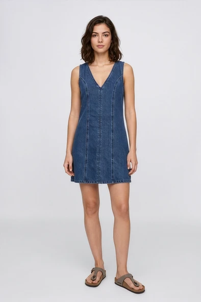 Kadın V Yaka Kolsuz Mavi Mini Denim Elbise ürün görseli 1