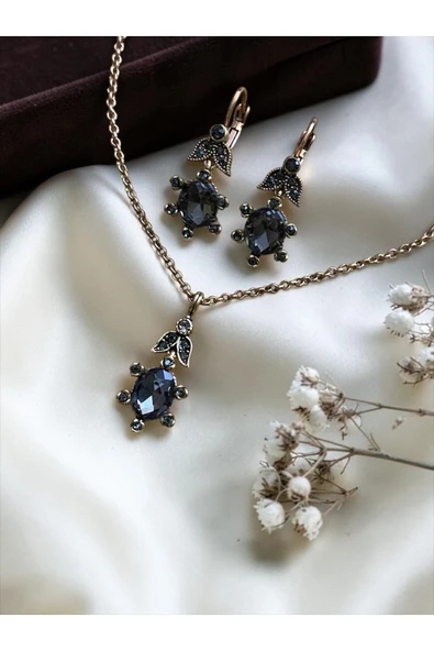 Oval Kristal Taşlı Kolye ve Küpe Seti - Resim 2